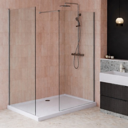 product lifestyle image of apex 1400 x 800 chrome shower enclosure